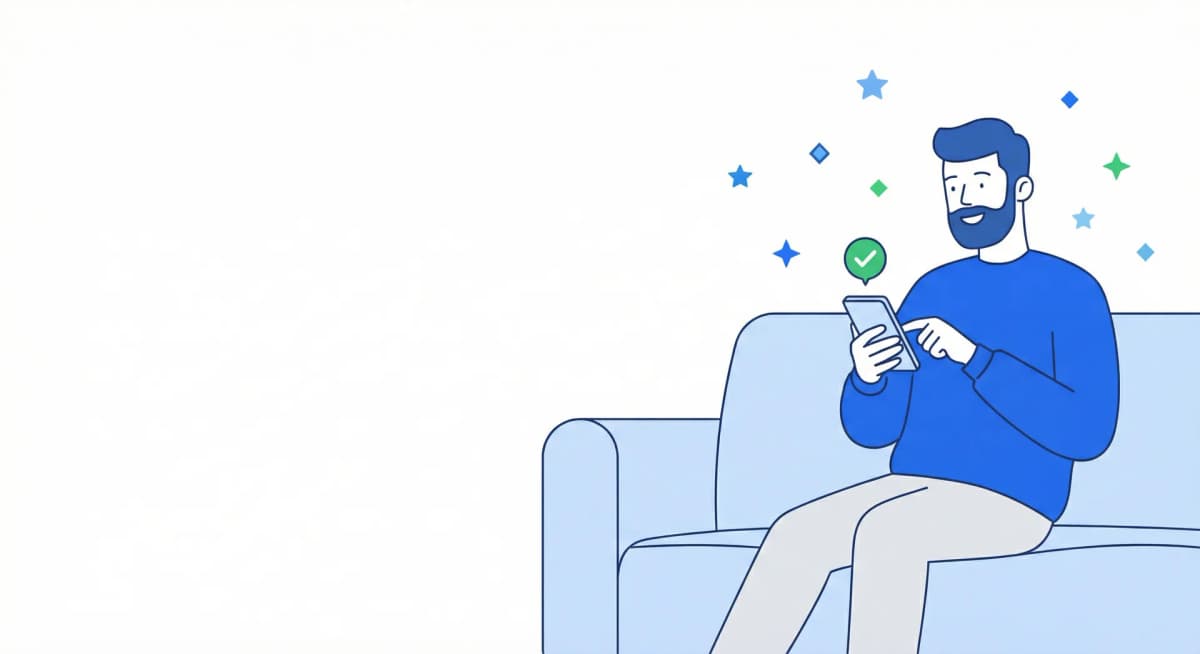 Man on couch viewing credit progress on phone